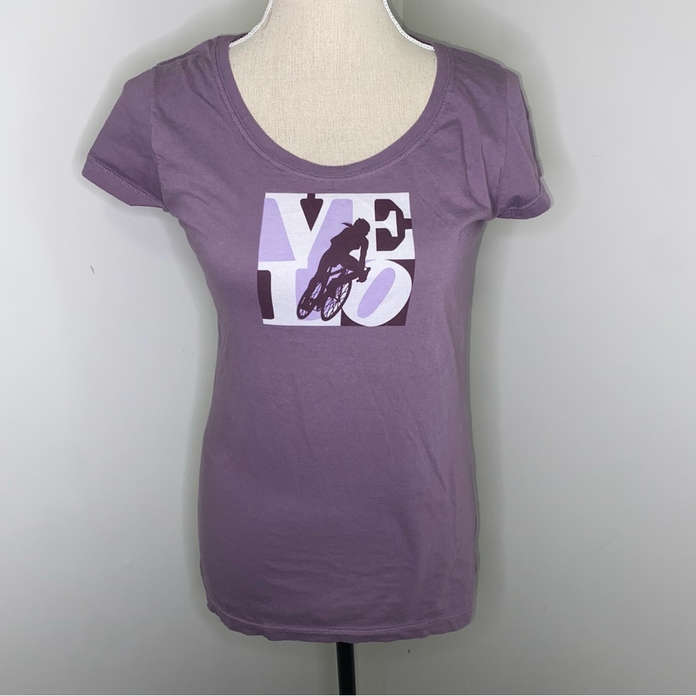 Green Label Organic purple LOVE bicycle graphic slim fit tee shirt size Medium